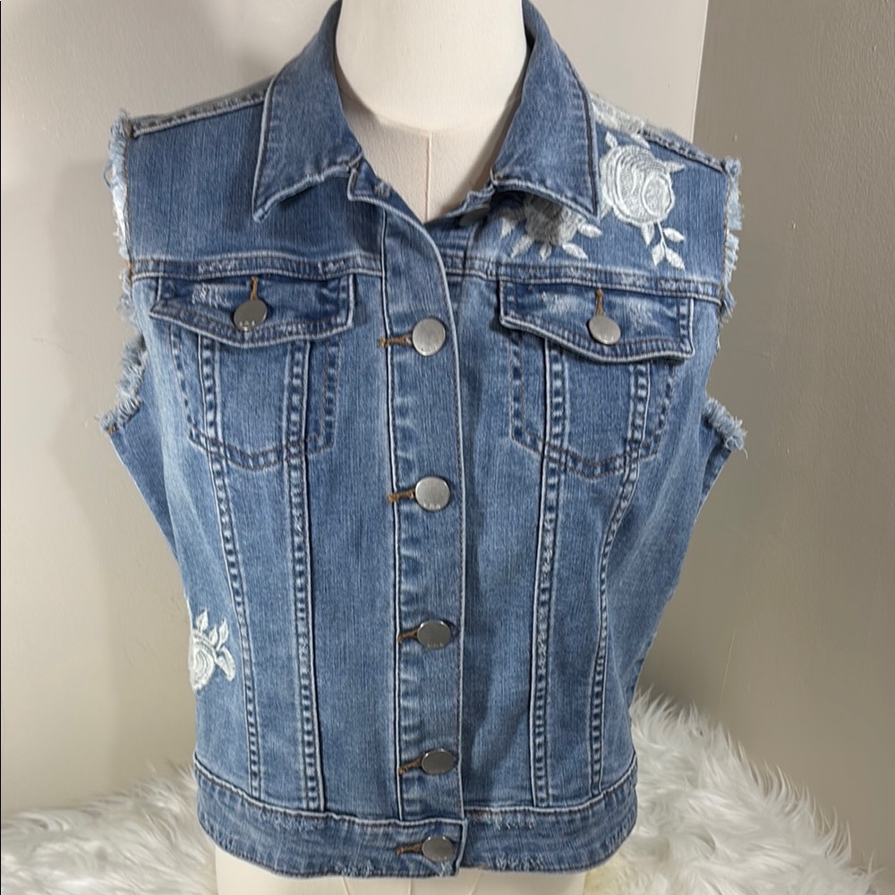 a.n.a Medium/Light Wash Distressed Denim Vest with Floral Embroidery
